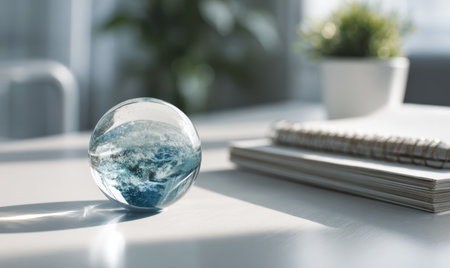 A glass ball with blue water in it sits on a table. A notebook is on the table next to the ballの素材
