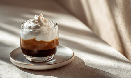 A glass of coffee with a generous dollop of whipped cream on top. The coffee is a rich, dark brown color, and the whipped cream is light and fluffyの素材