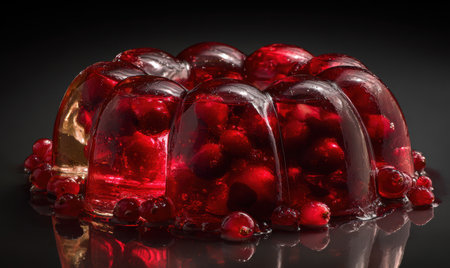 A red jelly filled with berries. The jelly is in a glass bowlの素材