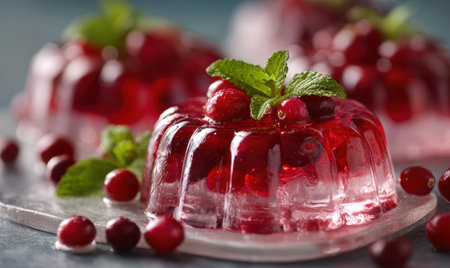 A dessert with a red filling and green leaves on top. The dessert is in a clear containerの素材