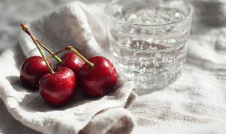 A glass of water is on a table next to a bunch of red cherries. The cherries are on a napkinの素材