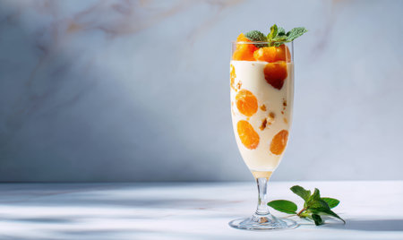 A glass of orange juice with a few pieces of fruit in it. The glass is on a tableの素材