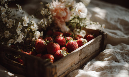 A wooden crate filled with red strawberries. The crate is on a bedの素材