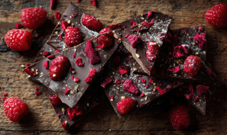 A chocolate bar with raspberries on top. The chocolate is cut into small pieces. There are many pieces of chocolate and raspberries on the tableの素材