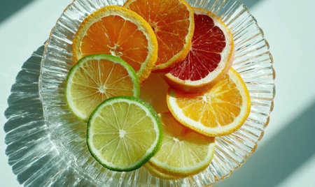 A plate of oranges and limes. The oranges are orange and the limes are green. There are a total of nine pieces of fruitの素材
