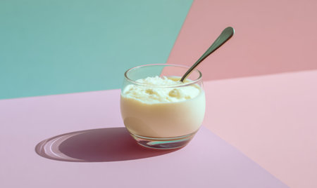 A glass of milk is sitting on a pink background. A spoon is in the glass. The spoon is silverの素材