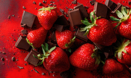A plate of strawberries and chocolate is placed on a red background. The strawberries are arranged in a way that they are visibleの素材