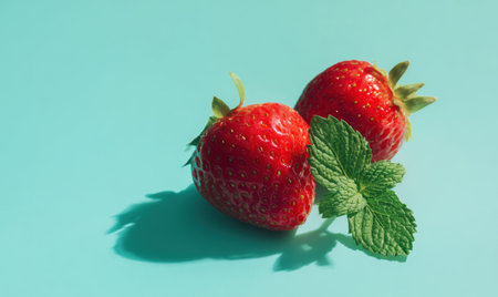 Two red strawberries with green leaves on top. The strawberries are on a blue backgroundの素材