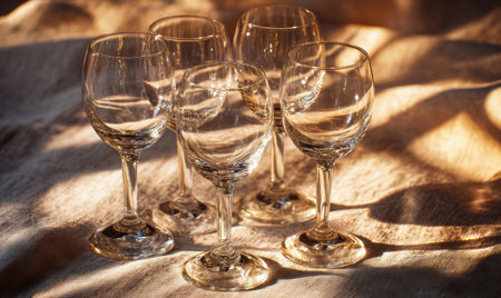 A group of wine glasses are sitting on a table. There are five glasses in total. The glasses are all clear and have stemsの素材