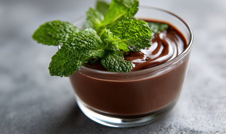 A small glass bowl filled with chocolate and a green leaf. The chocolate is in a thick, gooey consistencyの素材