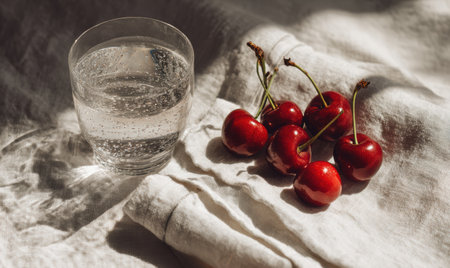 A glass of water is on a table with a bunch of cherries. The cherries are on a napkinの素材