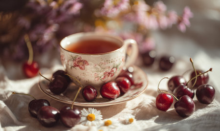 A cup of tea is on a table with a bunch of cherries. The cherries are on a plate and are scattered around the cupの素材