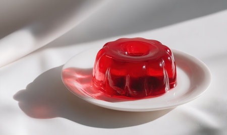 A red jelly dessert is sitting on a white plate. The plate is on a table. The jelly is in the shape of a circleの素材