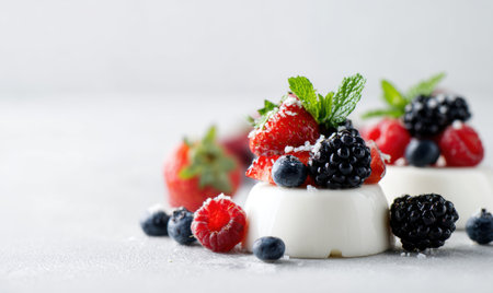 A dessert with strawberries, blueberries, and blackberries on top. The dessert is served on a white plateの素材