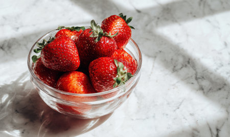 A bowl of strawberries on a marble counter. The strawberries are red and are in the center of the bowlの素材