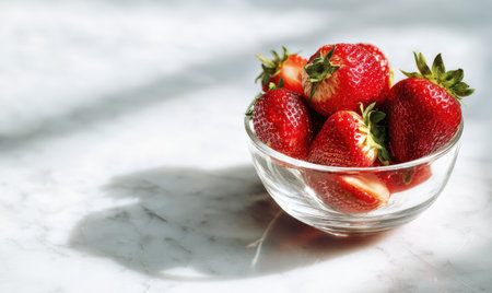 A bowl of strawberries on a marble counter. The strawberries are red and are in the center of the bowlの素材