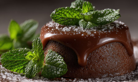 A chocolate dessert with green mint leaves on top. The dessert is covered in chocolate and has a sprinkle of powdered sugarの素材
