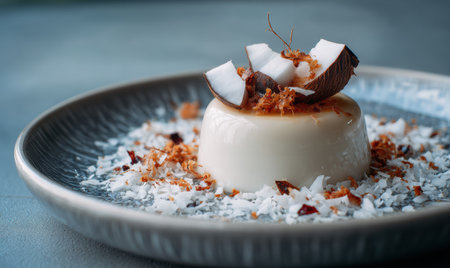 A dessert with coconut flakes on top. The dessert is on a plate. The plate is on a tableの素材