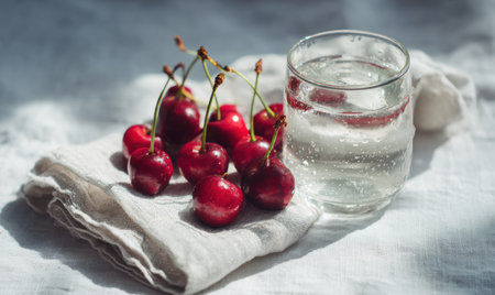 A glass of water sits on a table next to a bunch of cherries. The cherries are arranged in a row and are surrounded by a white clothの素材