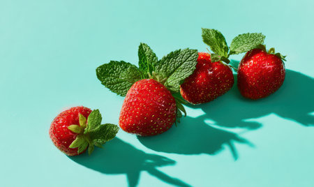 Four strawberries with green leaves on top. The strawberries are on a blue surfaceの素材