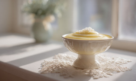 A white bowl with a yellow substance in it. The bowl is sitting on a white cloth. The cloth is on a tableの素材