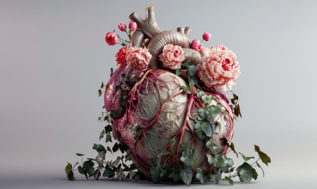 Realistic model of a human heart covered in blooming flowers and vinesの素材