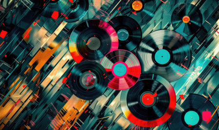 A colorful image of many records with a blue background. The records are in various colors and sizes, and they are scattered all over the image. Scene is vibrant and energeticの素材