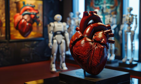 Realistic model of a human heart on a black pedestal in art galleyの素材