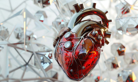Realistic model of a human heart on abstract geometry backgroundの素材