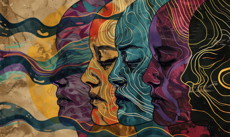 A painting of four faces with different colors and patterns. The painting is abstract and has a dreamy, surreal feel to it. The faces are all different sizes and shapesの素材