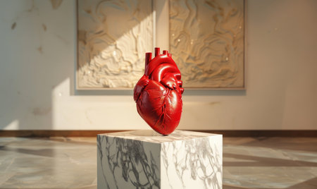 Realistic model of a human heart on a marble pedestal in an art galleryの素材