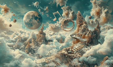 A painting of a mountain with a moon and a spiral staircase. The painting is full of clouds and has a dreamy, whimsical feel to itの素材