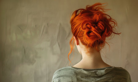 A woman with fiery red hair gathered into a messy bun, back viewの素材