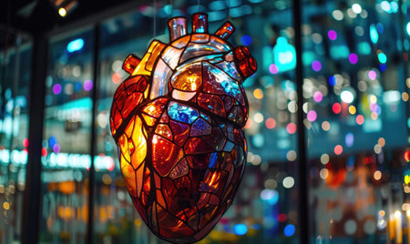 Stained glass artwork featuring a human heart displayed in a contemporary art galleryの素材