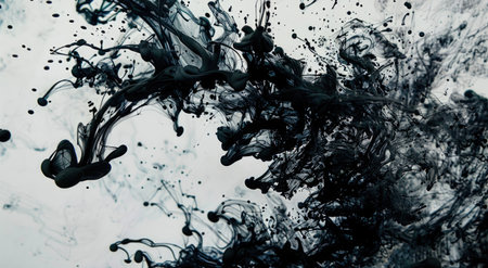 Ink explosion, black tendrils spreading on white backgroundの素材