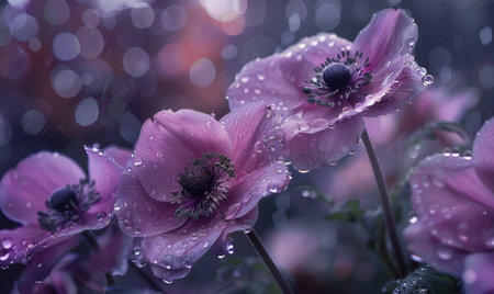 Anemones under the rain, closeupの素材