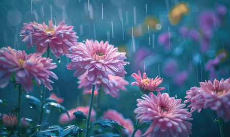 Chrysanthemums under the rain closeupの素材