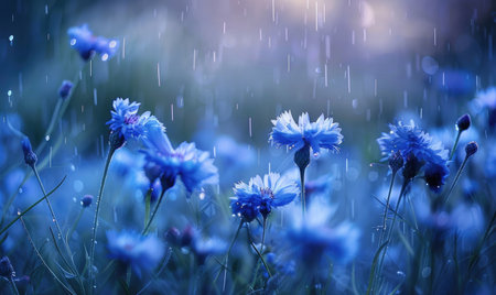 Cornflowers under the rain closeupの素材