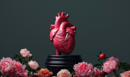 Realistic model of a human heart on a black pedestal, encircled by peoniesの素材