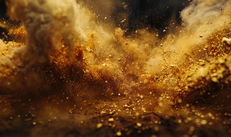 Sand explosion, golden grains dispersing on black backgroundの素材