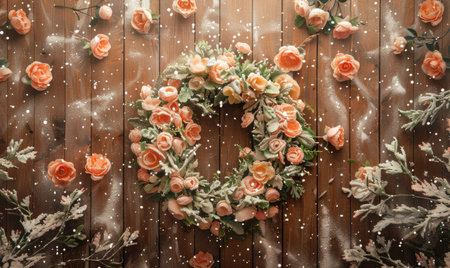 Soft peach peony wreath on frozen wooden backgroundの素材