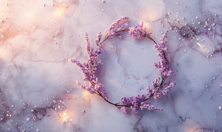 Delicate lavender flower wreath on marble backgroundの素材