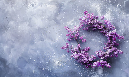 Pastel purple lilac wreath on frozen backgroundの素材
