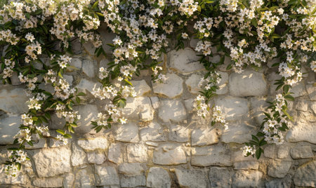 Stone wall draped with jasmine flowersの素材