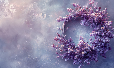 Pastel purple lilac wreath on frozen backgroundの素材