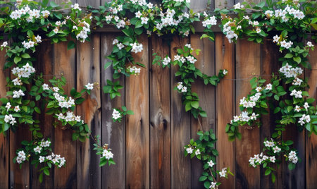 Wooden fence covered in jasmine blossomsの素材
