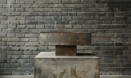 An industrial metal pedestal on a concrete table against a subtle gray brick wall backdropの素材
