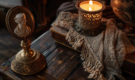 A vintage brass pedestal with intricate engravings in vintage interiorの素材