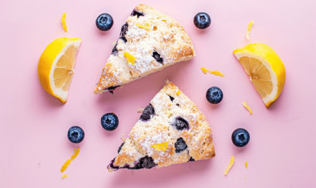 Blueberry scones on a pastel pink surface, lemon zestの素材