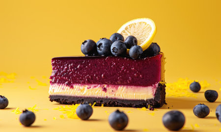 Blueberry cheesecake on a pale yellow surfaceの素材